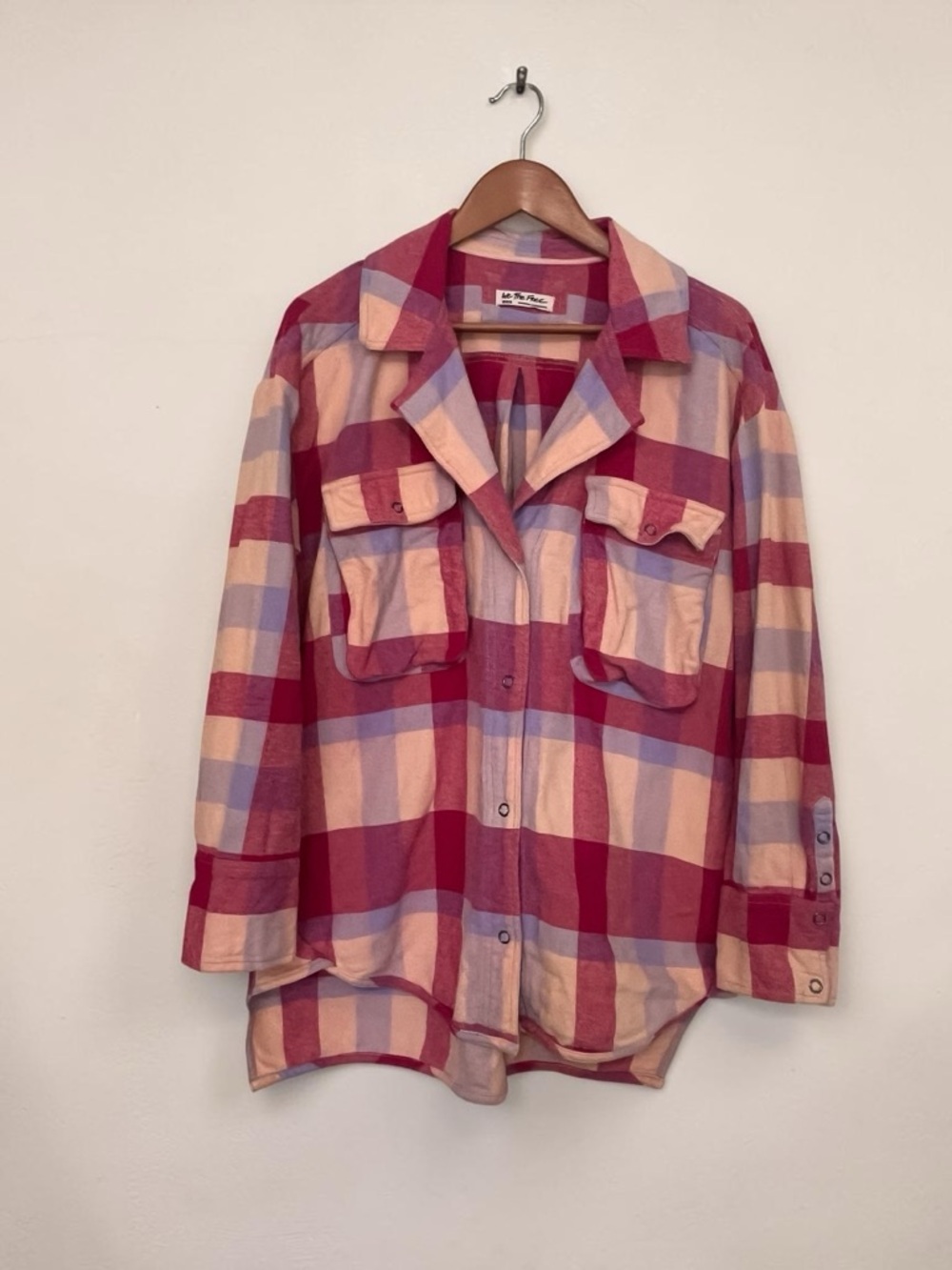 Free People Oversized Cotton Izzy Plaid Pink Tone Cargo Shirt Shacket Size M